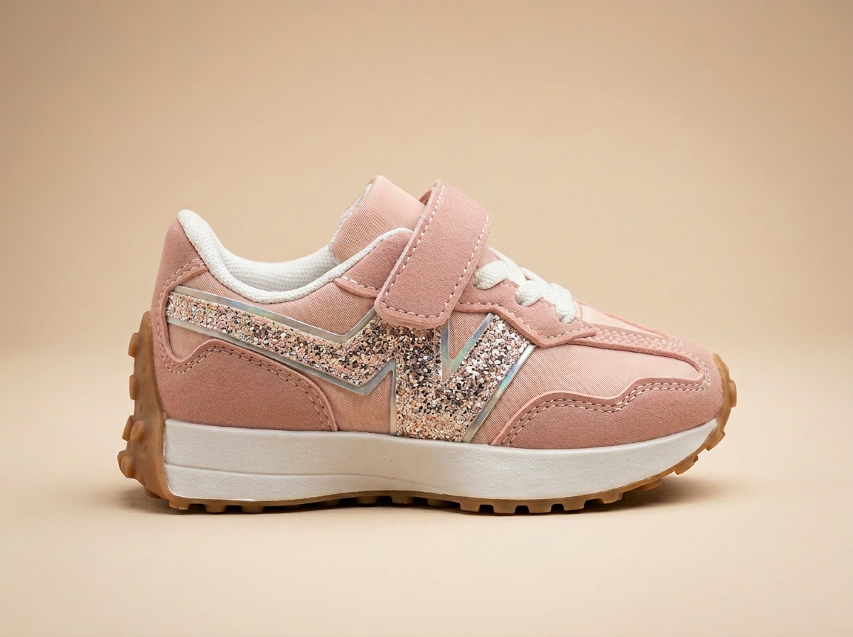 Baskets enfant roses à paillettes avec scratch — un style girly et confortable pour tous les jours.